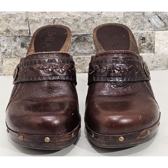 Mia Womens Brown Tooled Leather Clogs Vintage Y2K Wooden Platform Heel Boho 9M - Picture 3 of 10